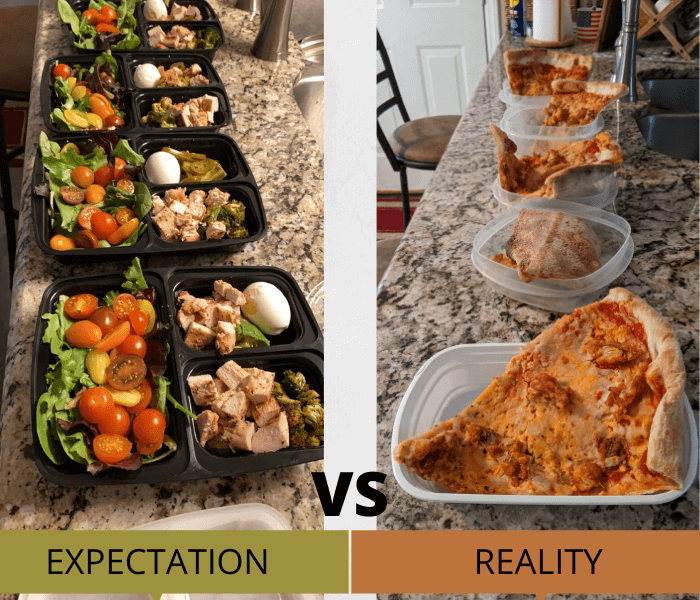 a side by side comparison of perfectly portioned meal prep containers with chicken and salad and pizza slices awkwardly stuffed into old tupperware and takeout containers