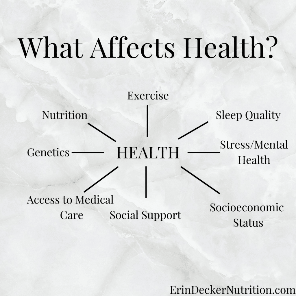 a web describing all the factors that influence health, including: exercise, nutrition, sleep, genetics, stress and mental health, access to medical care, social support, and socioeconomic status