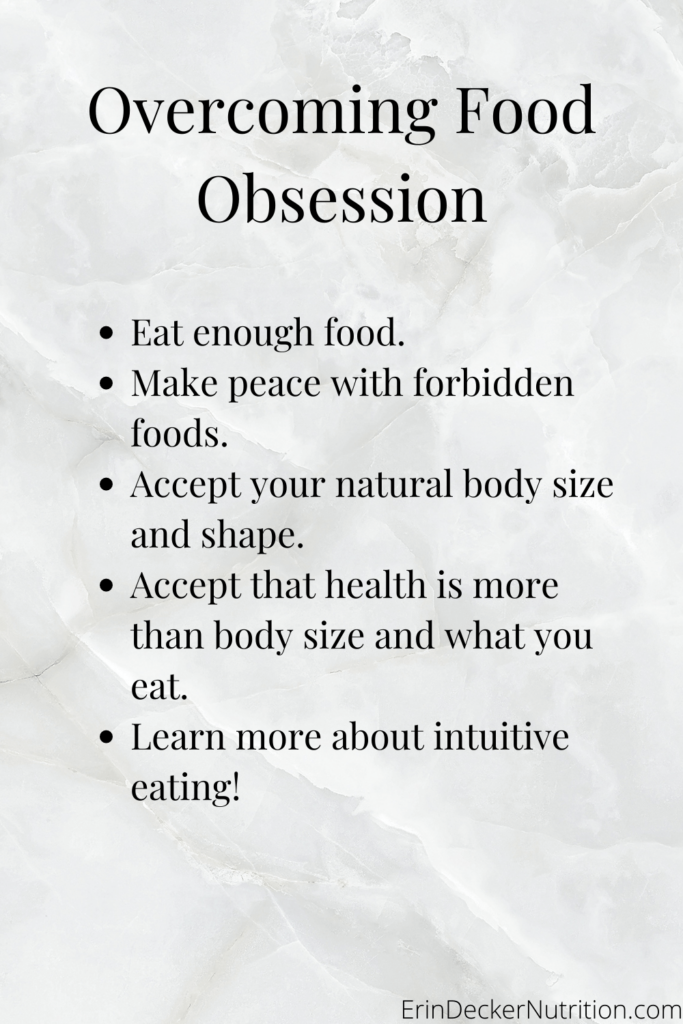 A graphic outlining how to overcome food obsession, as outlined in the article