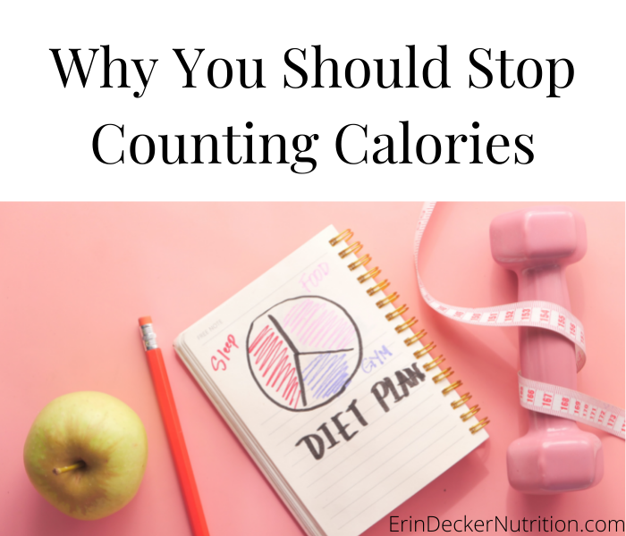 a header for the blog post "why you should stop counting calories". He has a pink background with an apple, a weight and measuring tape, plus a pencil and journal with "diet plan" written with a pie chart.