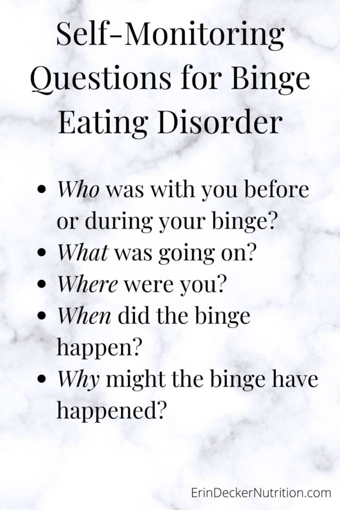 An image describing self-monitoring questions to ask yourself after a binge, including: 
Who was with you, what was going on, where were you, when did the binge happen, and why might it have happened?"