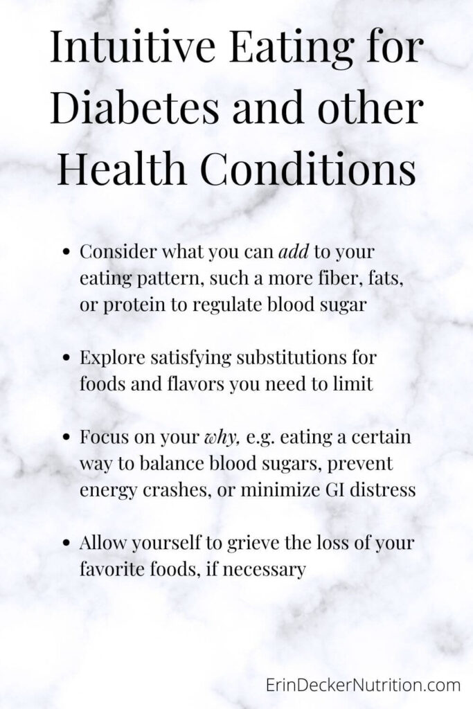 Black text on a gray background outlining the suggestions in the article for how to follow intuitive eating for diabetes and other health conditions
