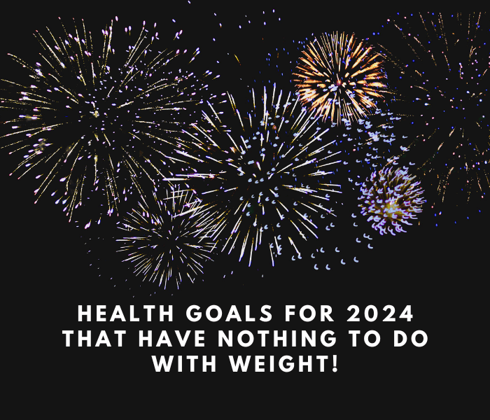 a black sky with several fireworks going off reflective of the new years. It includes the title of the article: Health goals for 2024 that have nothing to do with weight". The text is white.