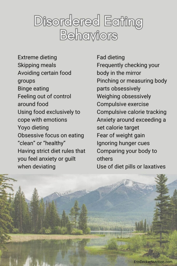 a list of eating disordered behaviors taken from the article set upon a gay background. There is a photo of a mountain range on the bottom surrounded by trees with a river flowing through. 